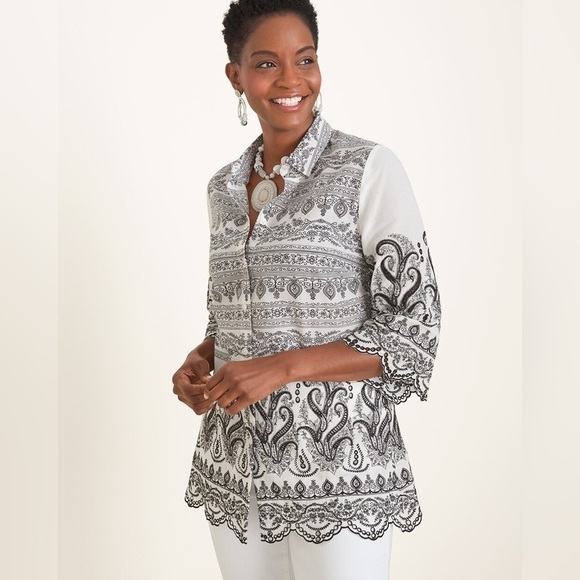 Chico’s Paisley Eyelet Black White Floral Embroidered Scalloped Shirt 3 US XL - Picture 3 of 16
